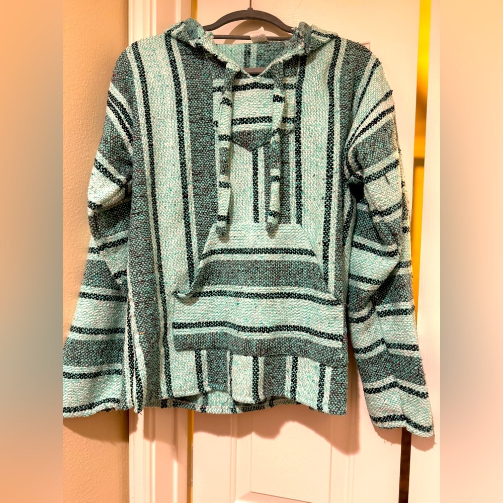 Molina Baha Mexican rug hooded turqouise striped sweatshirt 34/36 small unisex